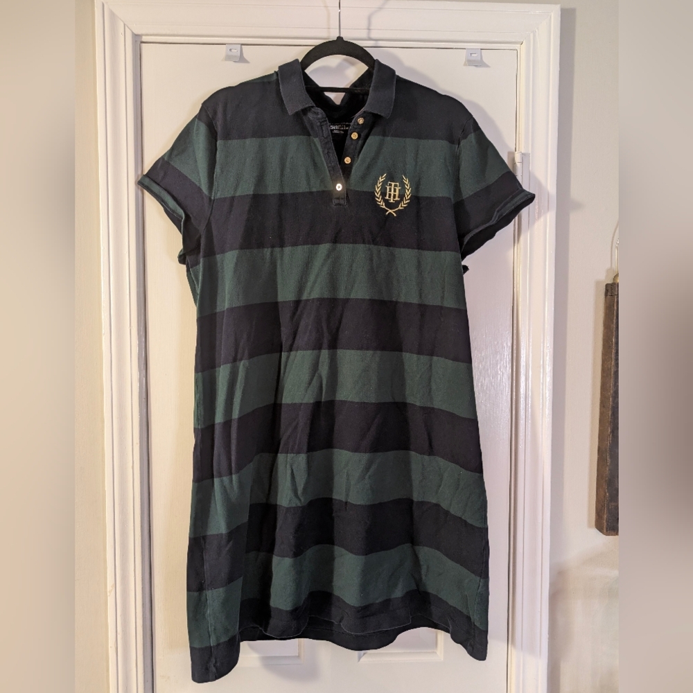 Tommy Hilfiger Rugby Polo Dress XXL – Navy & Green Striped Crest Logo